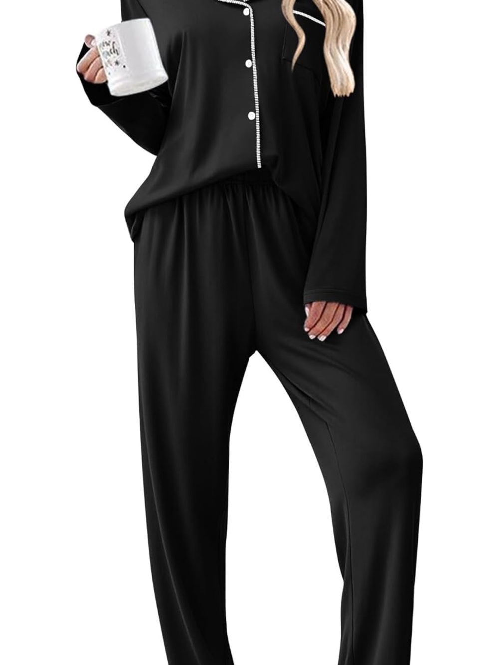 Classic Black Long-Sleeve Button Pajama Set